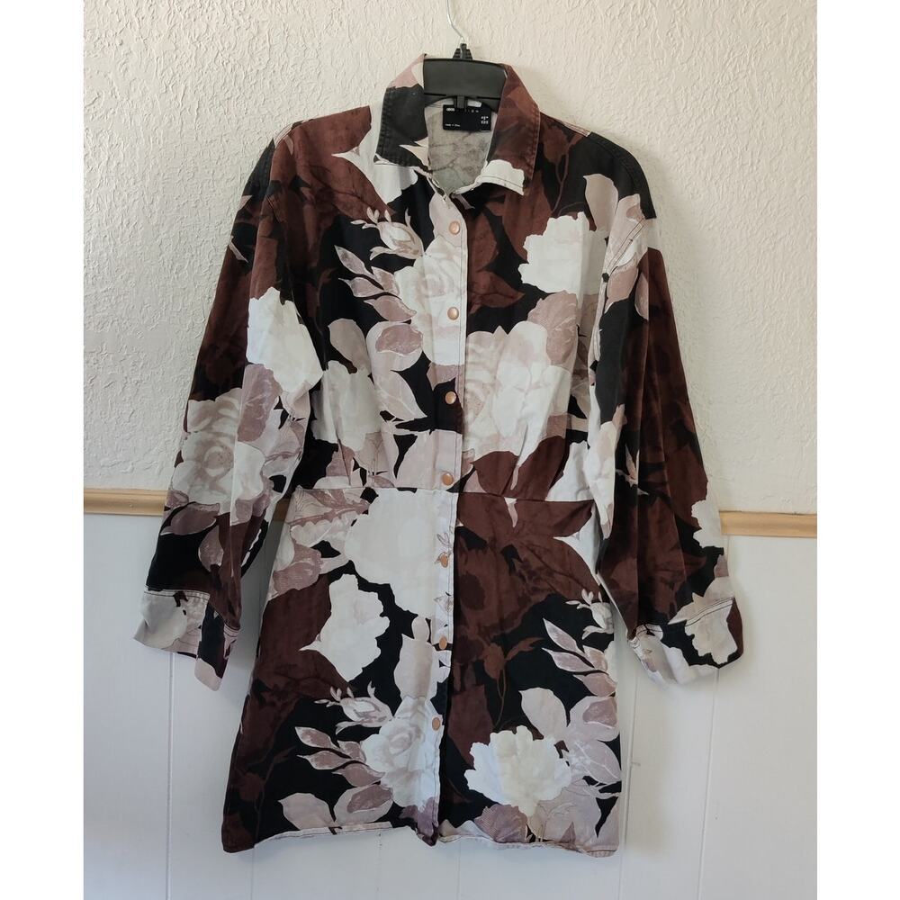 Twill Shirt Drees 8 in Bold Floral Print Long Sleeve Denim Button White Black - Picture 3 of 7